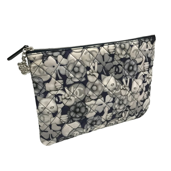 Chanel Quilted Clutch Bag Karl Lagerfeld Choupette Pattern Navy Blue - Picture 1 of 14